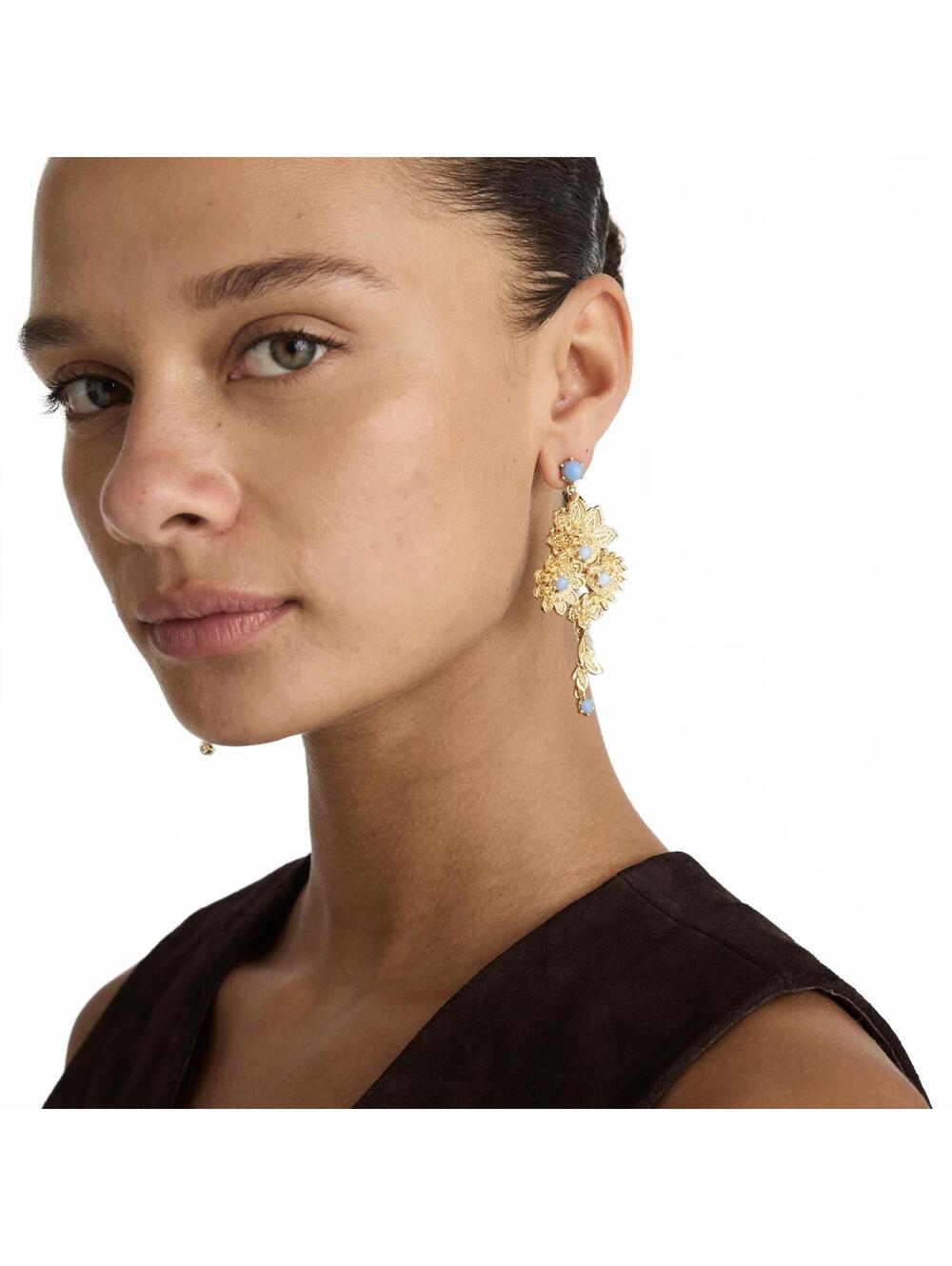 Semiprecious Floral Chintz Chandelier Earrings NWT Antique Gold